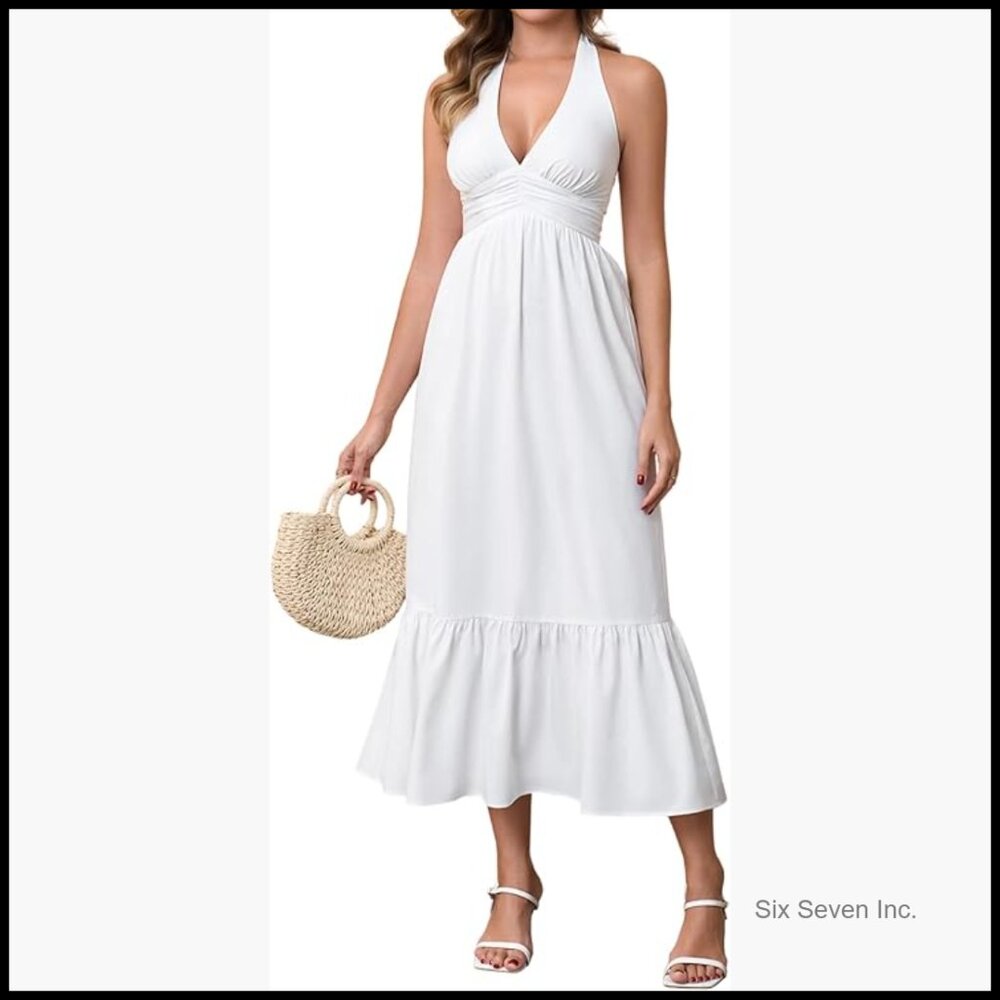Polyester Maxi Sundress With Halter Neck And Corset Bow Tie